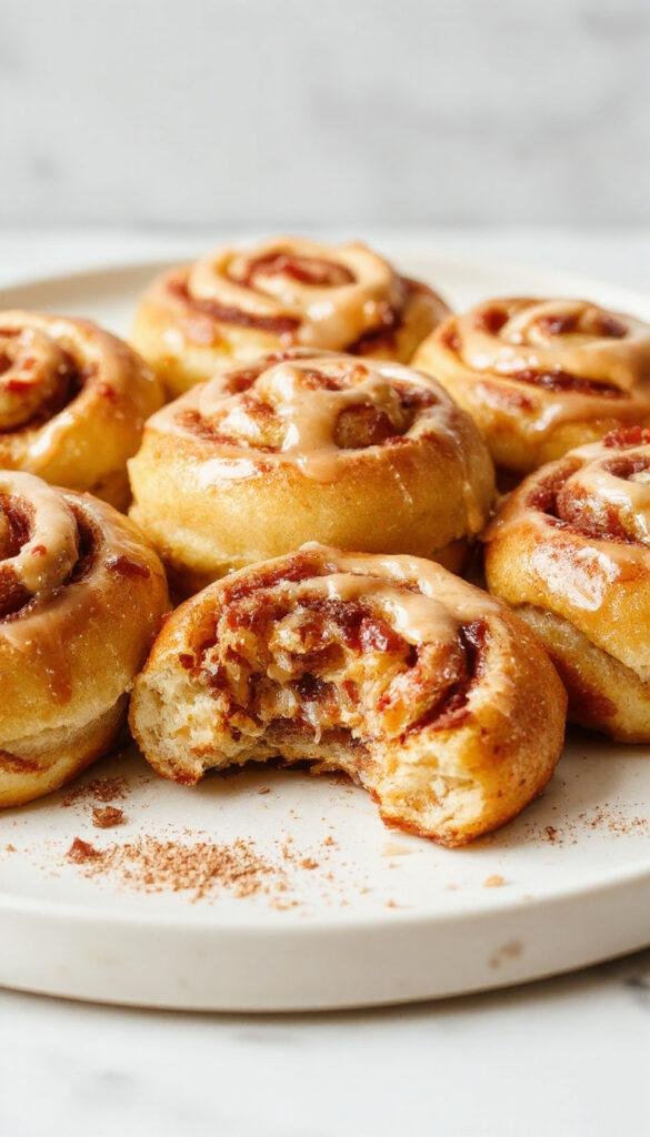 Golden cinnamon rolls topped with crispy bacon, drizzled with bourbon maple glaze, and sprinkled with cinnamon sugar, inviting warmth and sweetness.