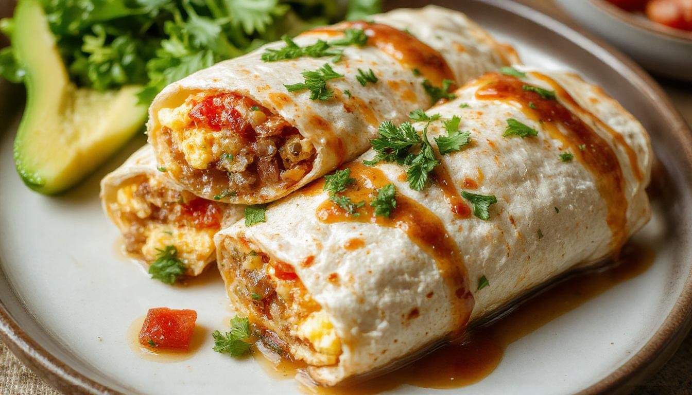 A neatly arranged breakfast burrito sliced in half revealing scrambled eggs, melted cheese, sausage, and chopped vegetables wrapped in a toasted flour tortilla, placed on a rustic wooden surface with fresh salsa and sour cream beside it.