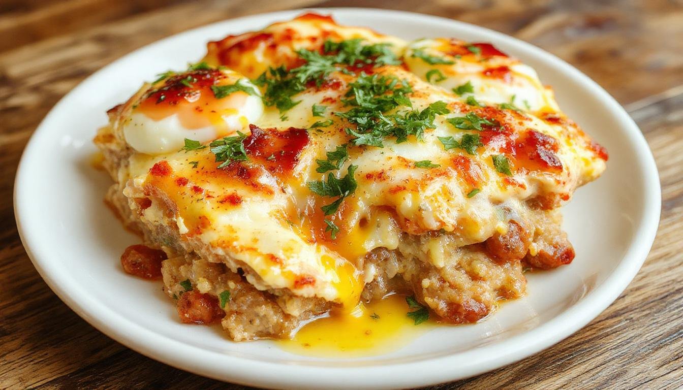 A golden-brown breakfast casserole sliced on a white plate, showing layers of sausage, eggs, and melted cheese, garnished with chopped herbs, with a fork beside it and a side of fresh fruit.