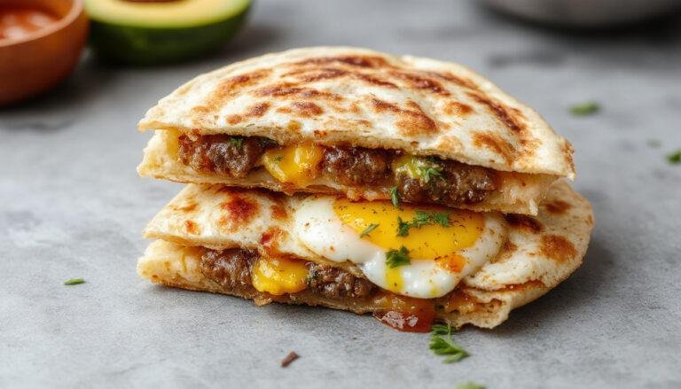 A golden-brown breakfast quesadilla sliced open to reveal soft scrambled eggs, melted cheese, and cooked sausage chunks inside. The quesadilla is presented on a rustic wooden plate, garnished with fresh chives, with a few slices of sausage and a small bowl of salsa nearby. The crispy exterior contrasts with the gooey filling, creating an inviting and hearty breakfast scene.