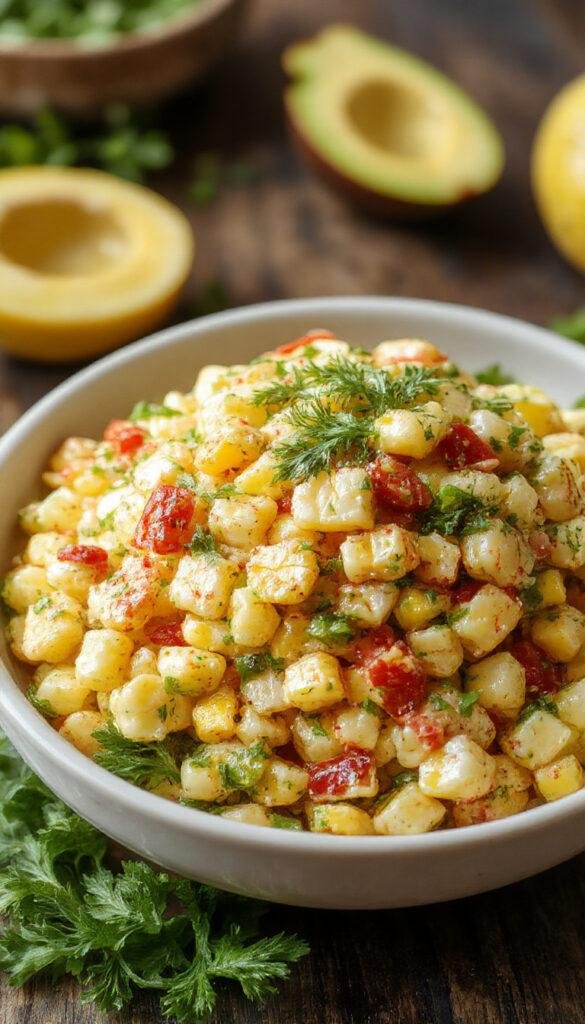 A vibrant bowl of Bright and Zesty Corn Salad garnished with fresh herbs, colorful bell peppers, and lime wedges, perfect for summer.