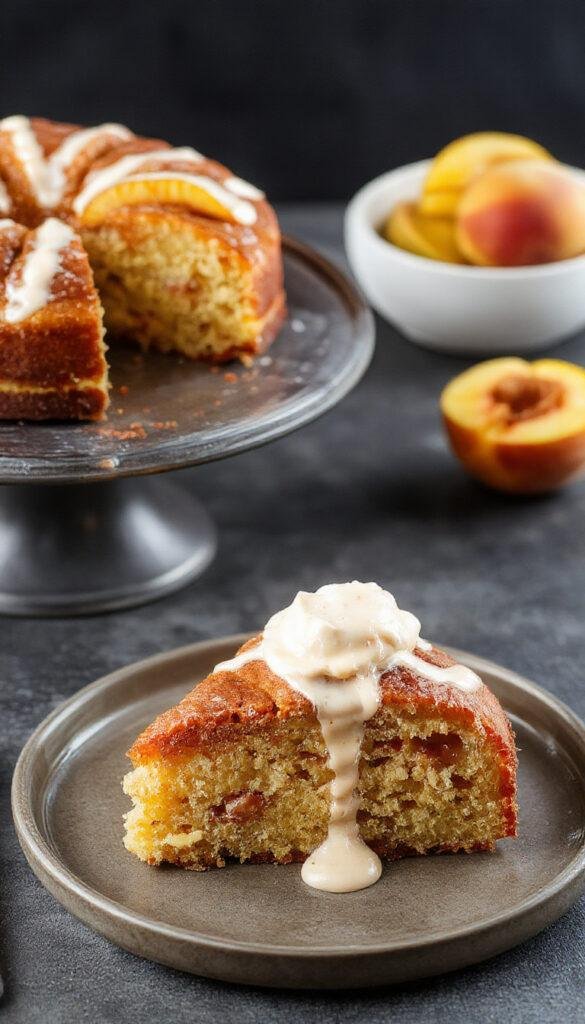 A slices of Brown Sugar Peach Cake on a plate, showcasing golden-brown crust, juicy peach slices, and a sprinkle of brown sugar on top.