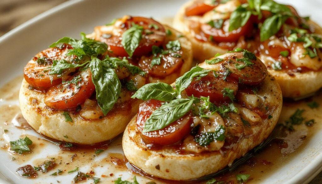 A close-up of a rustic wooden plate featuring three slices of toasted baguette topped with diced ripe tomatoes, fresh basil leaves, and a drizzle of olive oil. The vibrant red tomatoes contrast with the bright green basil and golden crust, creating a colorful and appetizing presentation. The toast shows a crispy texture with slightly charred edges, garnished with chopped herbs and a hint of seasoning, inviting viewers to savor the fresh Italian flavors.