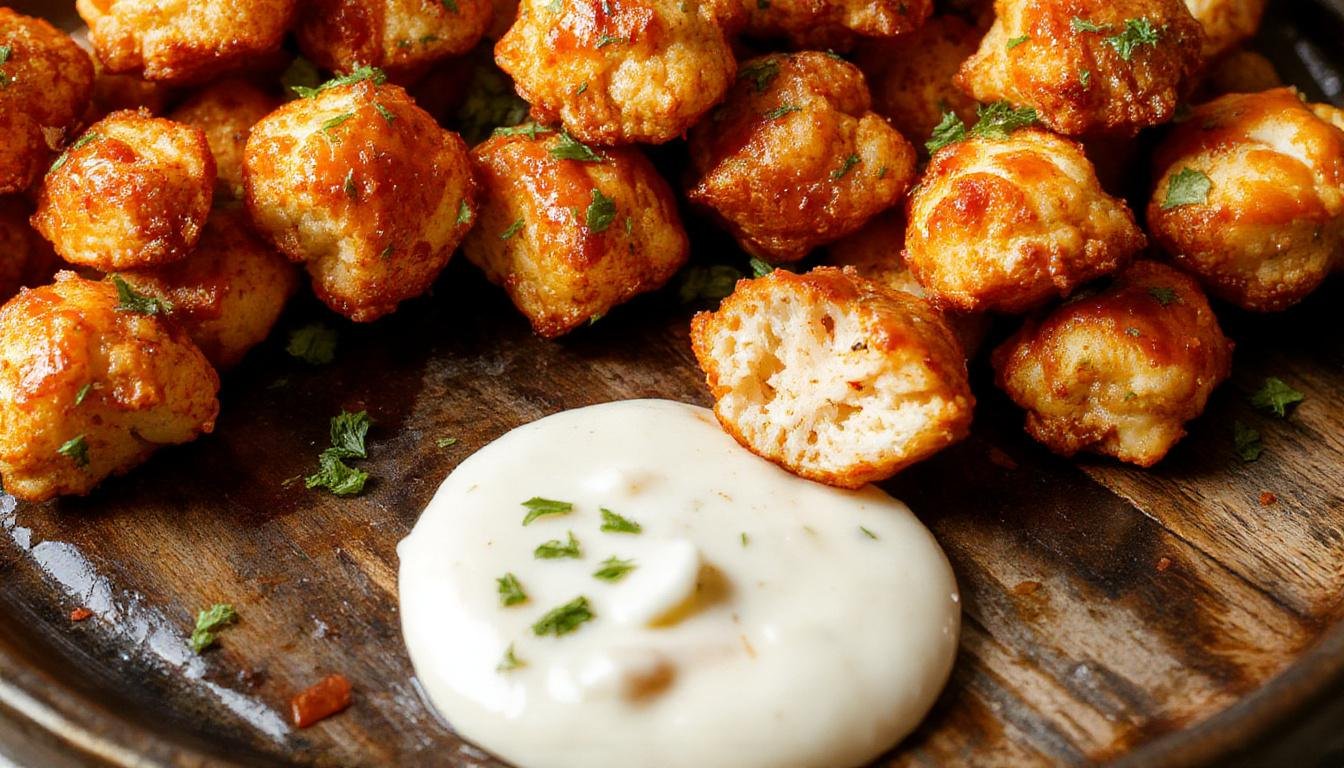 A plate of crispy buffalo cauliflower bites coated in bright orange buffalo sauce, garnished with chopped green parsley, served on a white ceramic platter with a side of creamy dipping sauce.