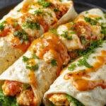Close-up of Buffalo Chicken Wraps on a plate, showcasing crispy chicken, shredded lettuce, and spicy buffalo sauce wrapped in a soft tortilla.