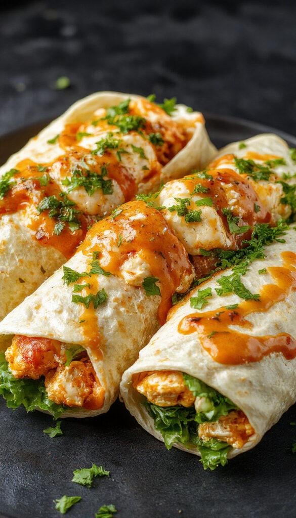 Close-up of Buffalo Chicken Wraps on a plate, showcasing crispy chicken, shredded lettuce, and spicy buffalo sauce wrapped in a soft tortilla.