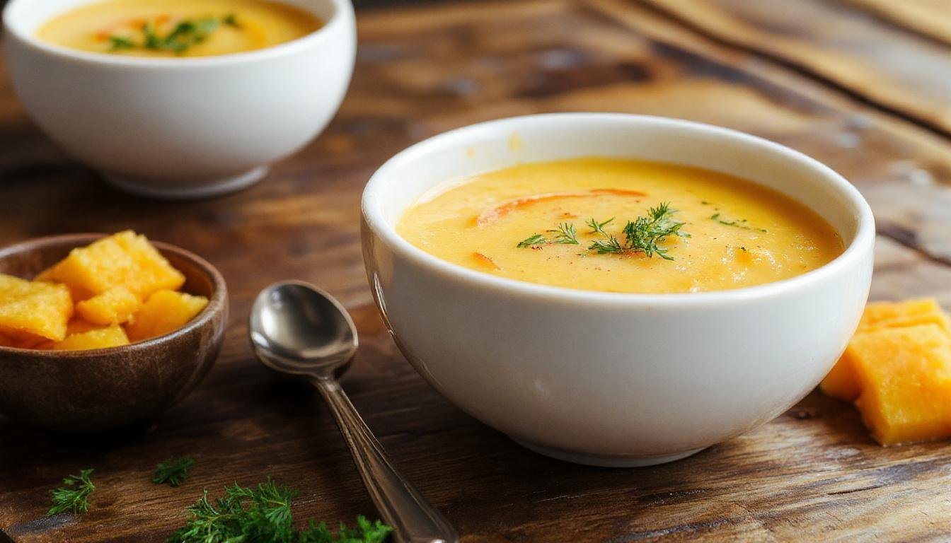 A smooth, vibrant orange butternut squash soup served in a rustic white bowl, garnished with a drizzle of coconut cream and a sprinkle of fresh herbs. The backdrop features a wooden table, with a few roasted squash pieces and a spoon resting alongside, emphasizing the warm and inviting nature of the dish.