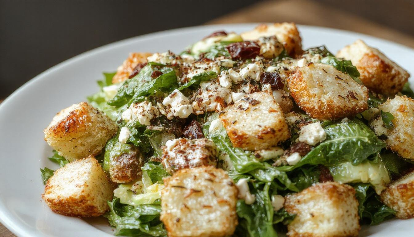 A vibrant Caesar salad served in a white bowl, topped with golden-brown homemade croutons, freshly grated Parmesan cheese, and crisp romaine lettuce coated in creamy dressing. The salad is perfectly arranged, showcasing the contrasting textures and colors of greens, crunch, and cheese.