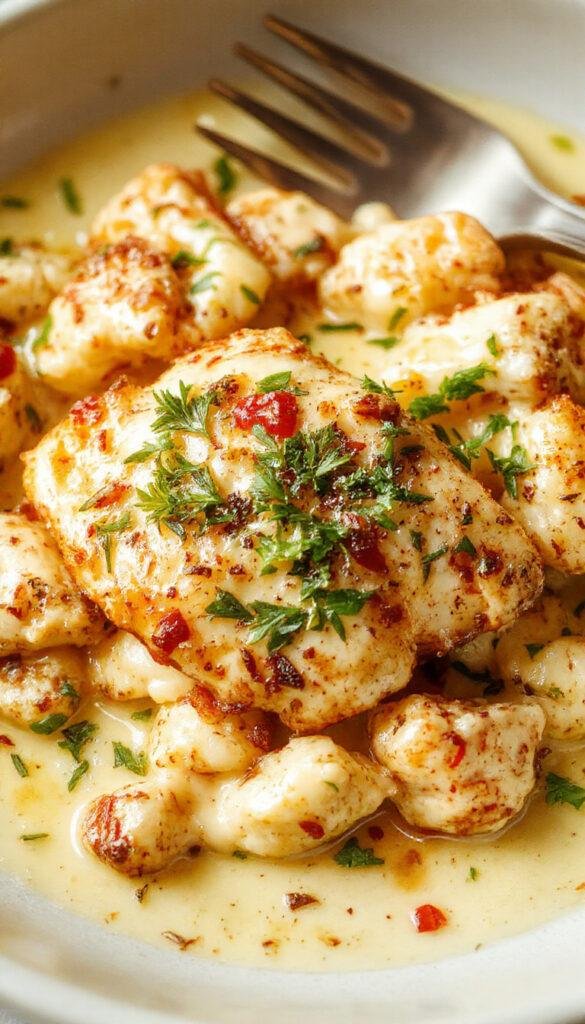 Creamy Cajun Chicken Alfredo pasta garnished with parsley and sprinkled with Cajun spices, served on a white plate.