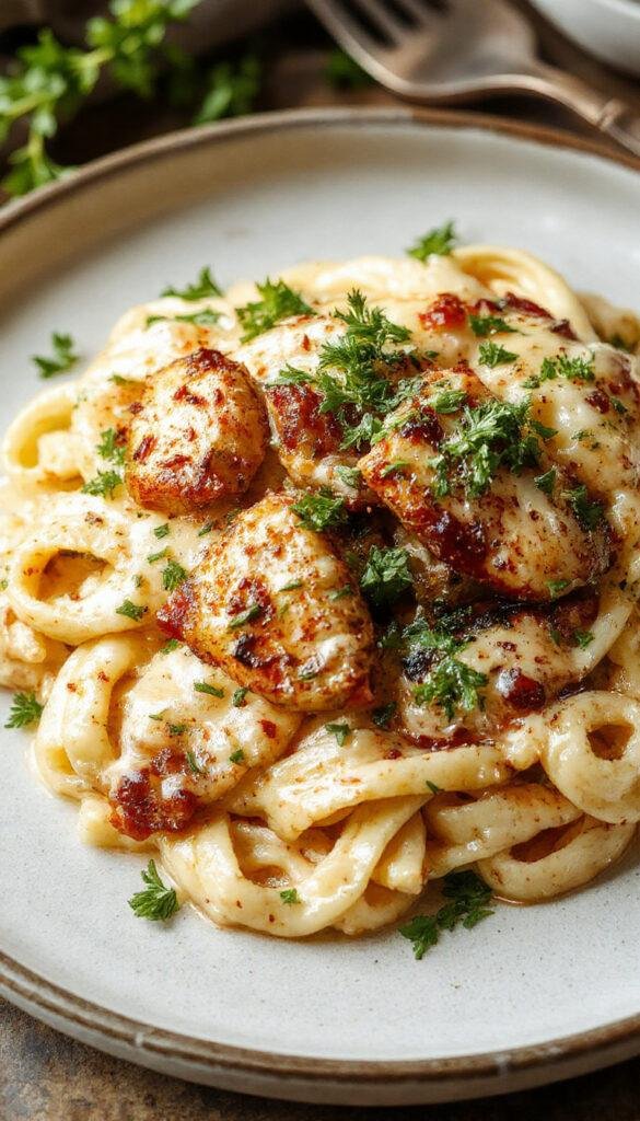 A plate of Cajun Chicken Fettuccine Alfredo garnished with chopped parsley, showcasing creamy Alfredo sauce, spiced grilled chicken, and tender fettuccine noodles.