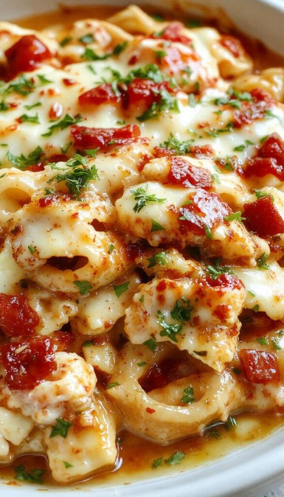 A hearty Cajun Cream Cheese Chicken Pasta Bake topped with melted cheese and garnished with fresh herbs on a baking dish