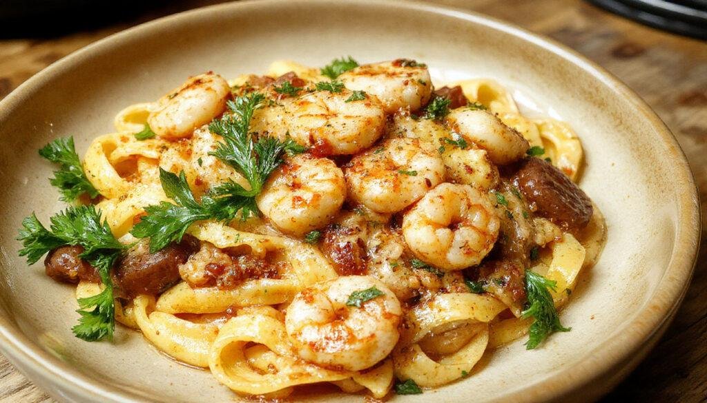 A vibrant plate of Cajun shrimp and sausage pasta featuring plump pink shrimp, sliced sausage, and curly pasta coated in a rich, spicy reddish sauce, garnished with chopped green herbs, beautifully presented on a rustic wooden table.