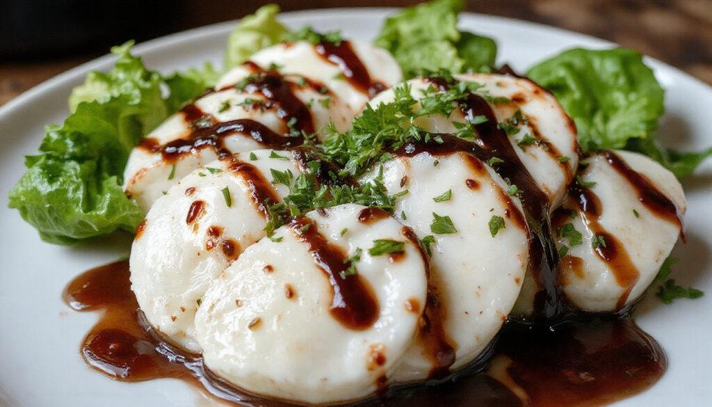 A vibrant plate of Caprese Salad featuring sliced ripe red tomatoes and creamy white mozzarella cheese artfully arranged in alternating layers. Fresh basil leaves are placed between each slice, drizzled generously with a shiny balsamic glaze. The salad is garnished with a drizzle of olive oil and a sprinkle of sea salt, all presented on a simple white ceramic plate with a rustic wooden background.