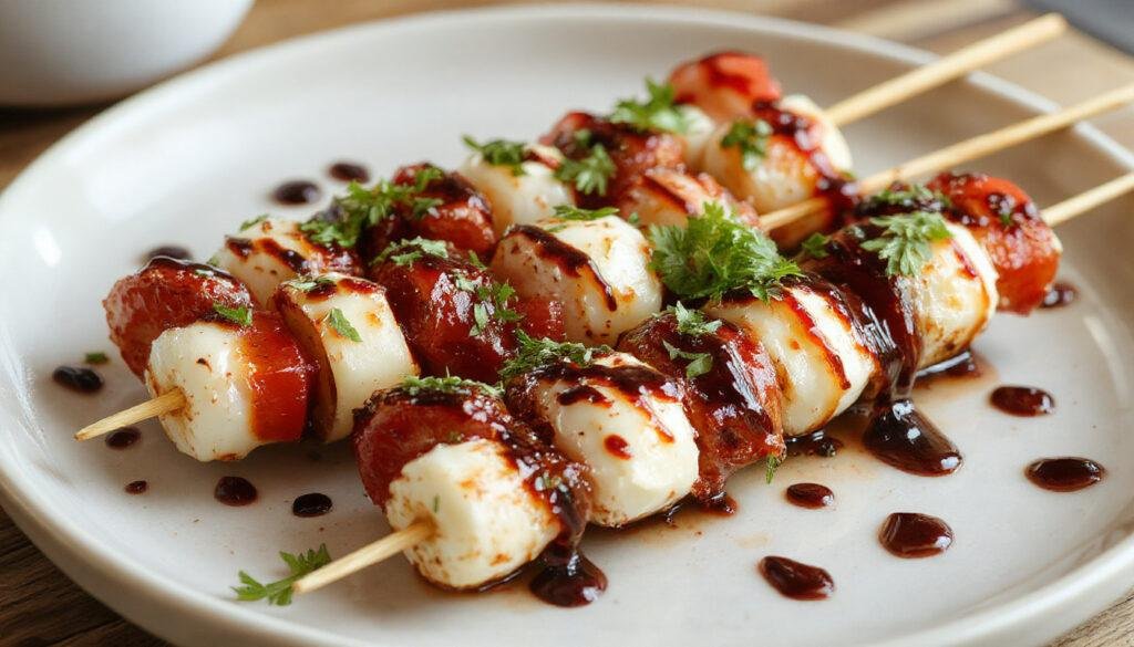 Colorful caprese skewers arranged in a neat row featuring cherry tomatoes, fresh mozzarella balls, and basil leaves threaded onto small wooden skewers, drizzled with balsamic glaze. The skewers are presented on a rustic wooden platter with a drizzle of balsamic reduction visible, highlighting bright reds, creamy whites, vibrant greens, and glossy balsamic accents.