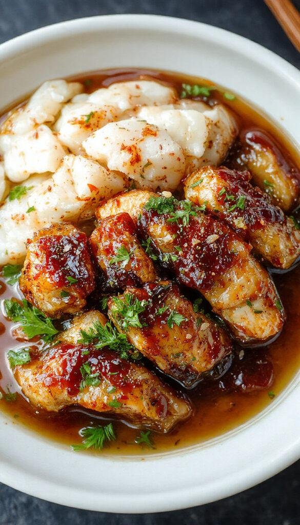A plate of caramelized soy chicken served with fragrant garlic ginger broth and fluffy rice, garnished with green onions and sesame seeds.