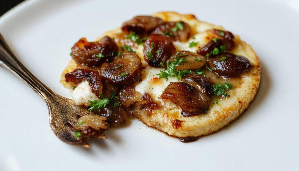 A golden-brown tart with a flaky crust topped with caramelized onions and dollops of creamy goat cheese, garnished with fresh thyme on a rustic wooden surface.