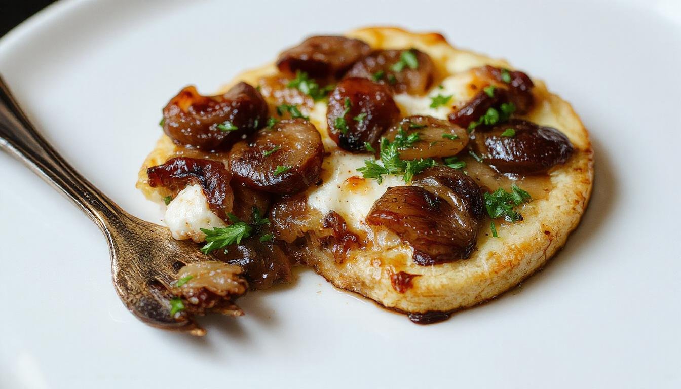 A golden-brown tart with a flaky crust topped with caramelized onions and dollops of creamy goat cheese, garnished with fresh thyme on a rustic wooden surface.