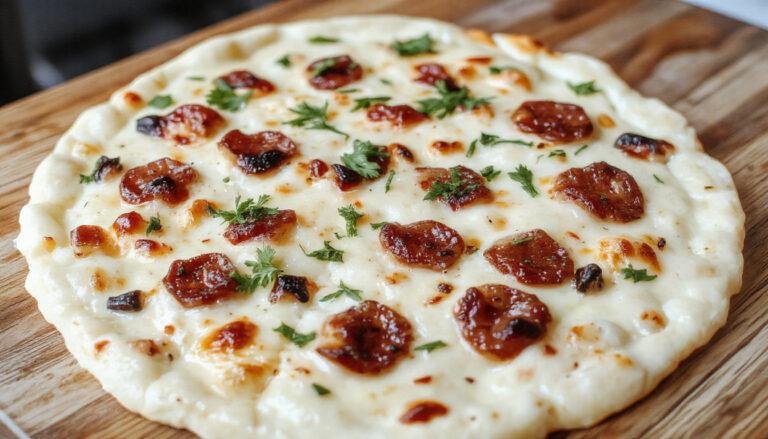 Close-up of a golden-brown cauliflower pizza crust topped with melted cheese, cherry tomatoes, fresh basil leaves, and a drizzle of olive oil on a rustic wooden plate.