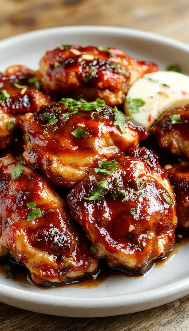 Juicy Char Siu Chicken glazed with shiny, sticky red sauce, garnished with sesame seeds and green onions on a white plate
