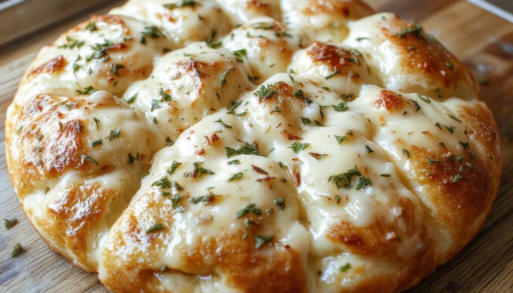 A close-up of golden-brown cheesy garlic bread pulled apart to reveal gooey melted cheese and finely minced garlic throughout each piece, with crispy edges and a soft, fluffy interior, arranged on a rustic wooden board.