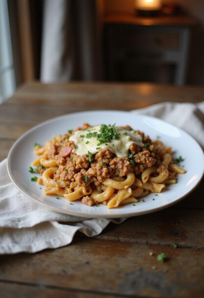 Cheesy ground turkey pasta plated on a white dish, showcasing melted cheese and herbs, in a cozy home setting with warm lighting and rustic decor.