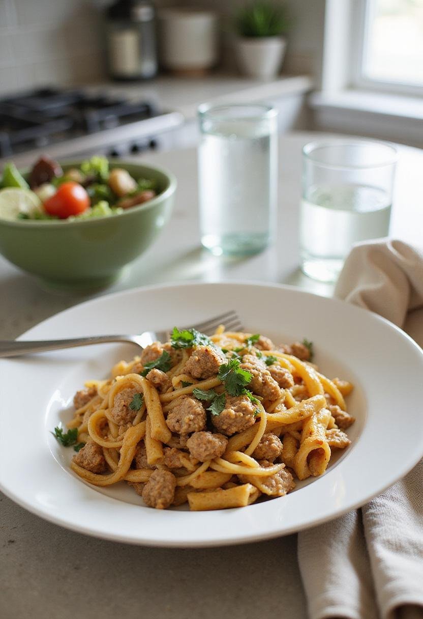 Close-up of cheesy ground turkey pasta on a white plate, styled within a kitchen setting with simple decor and natural light, emphasizing the dish's cheesy, meaty, and flavorful appearance.