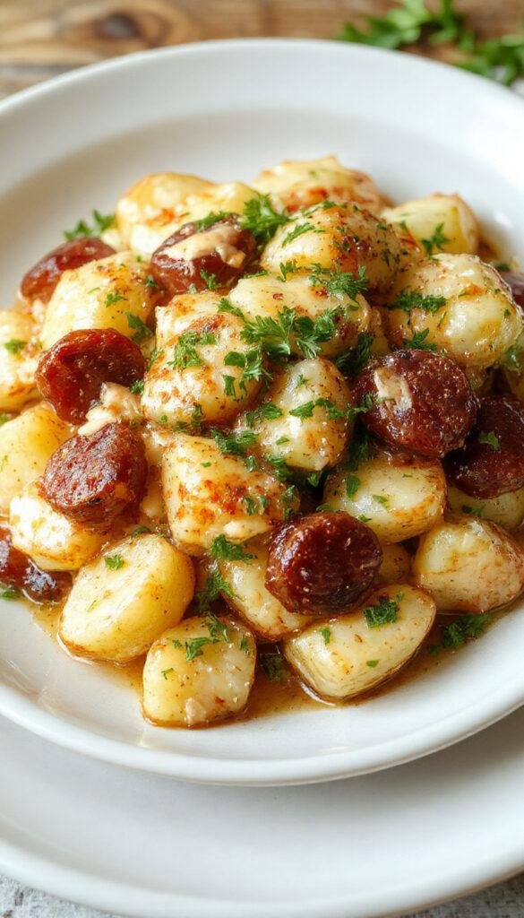 A plate of cheesy ranch potatoes mixed with slices of smoked sausage, garnished with fresh herbs and served steaming hot.