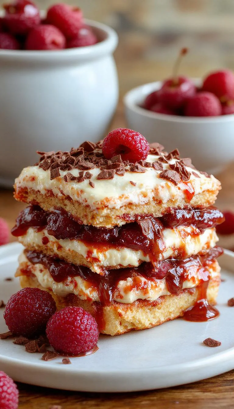 A stunning Cherry Amaretto Tiramisu layered with mascarpone, soaked cherries, and a dusting of cocoa powder garnished with cherry and almond slices.
