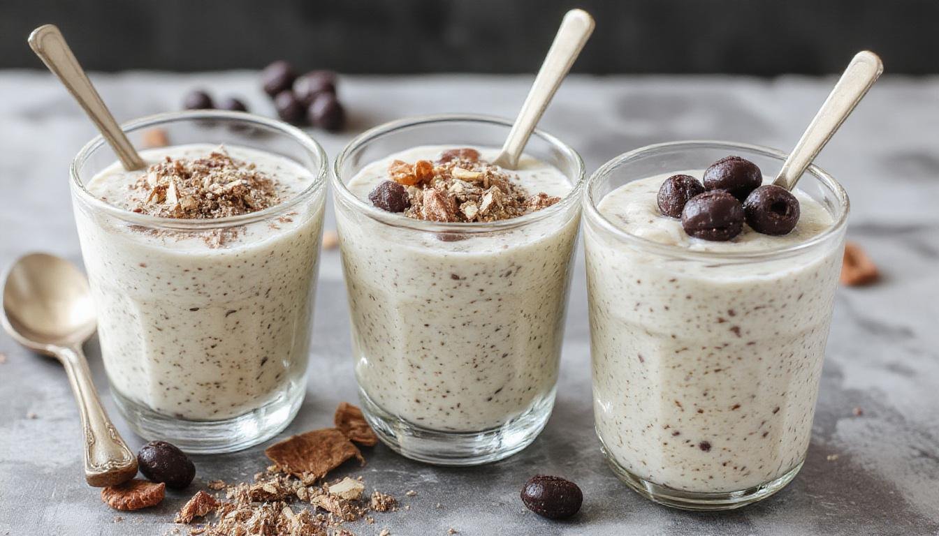 A sleek glass bowl showcasing three servings of chia seed pudding, each topped with vibrant fresh fruits like berries, kiwi slices, and mango chunks. The puddings have a creamy, textured appearance with visible chia seeds, and are garnished with mint leaves for a touch of green. The background features a rustic wooden table with a scatter of extra chia seeds and fruit slices, highlighting a fresh, wholesome presentation.