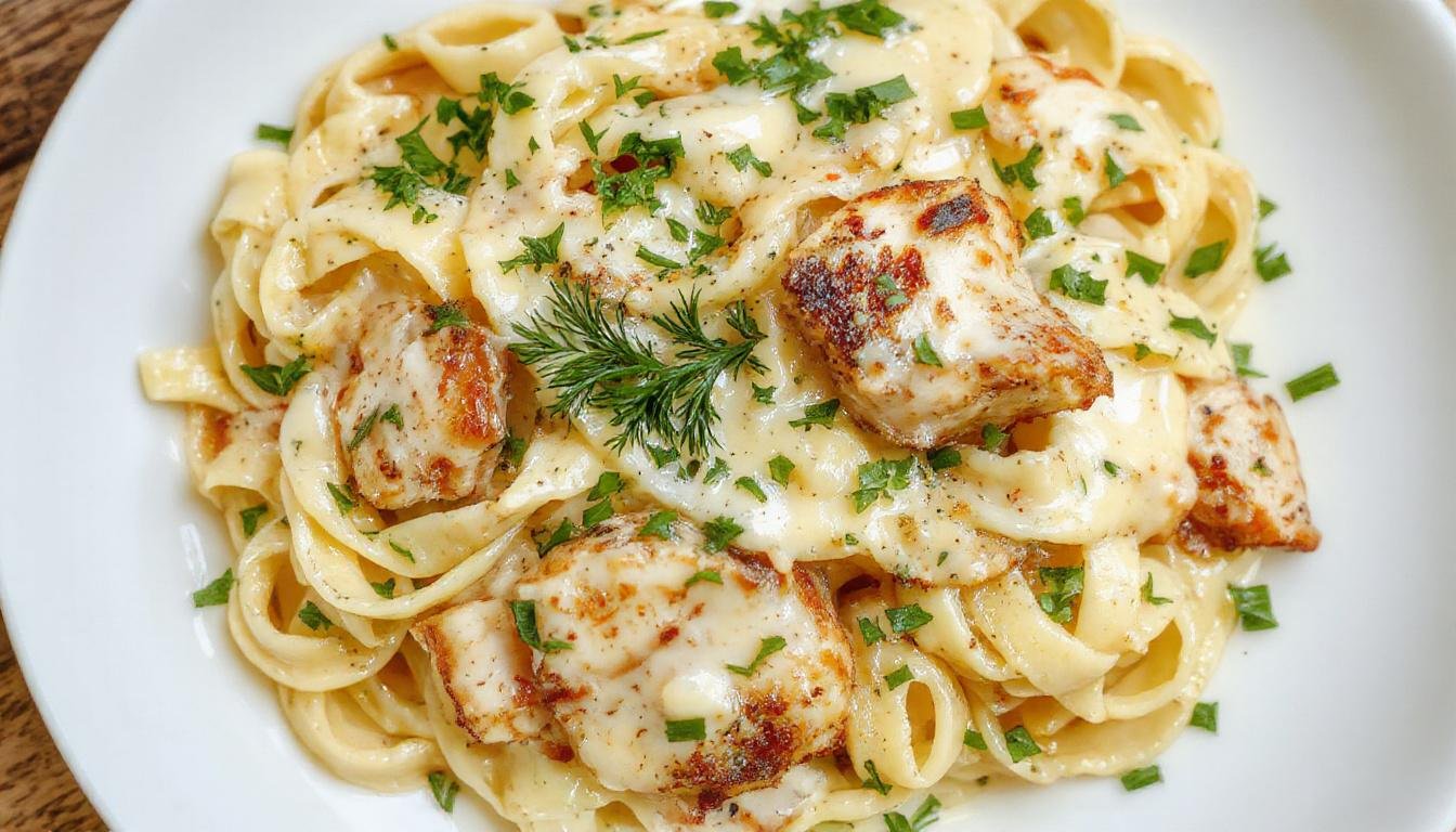 A plate of creamy chicken alfredo fettuccine featuring golden-brown grilled chicken slices on a bed of thick, velvety Alfredo sauce with perfectly cooked, slightly curled fettuccine pasta, garnished with freshly chopped parsley, presented on a rustic white plate against a wooden table background.