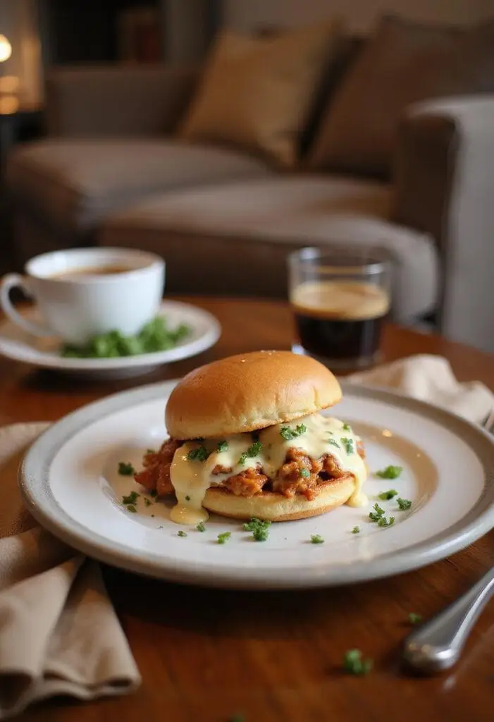 Chicken Alfredo Sloppy Joes on a white plate in a cozy home setting, garnished with parsley, with warm lighting and homey background elements like a wooden table and soft furnishings.
