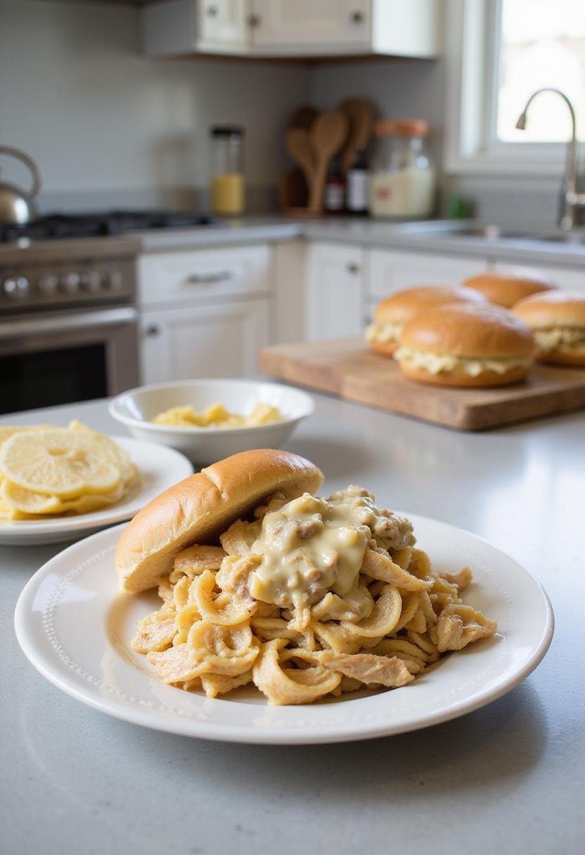 Chicken Alfredo Sloppy Joes presented on a ceramic plate in a bright kitchen, with ingredients and utensils nearby, showcasing a clean and organized cooking space.