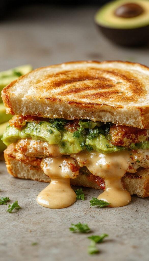 A delicious Chicken Avocado Melt Sandwich showing toasted bread filled with melted cheese, slices of grilled chicken, and fresh avocado slices.