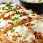 A golden loaf of Chicken Bacon Ranch Stuffed Bread sliced open to reveal melted cheese, crispy bacon, juicy chicken, and creamy ranch filling inside.