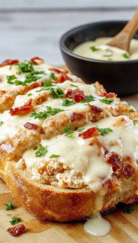 A golden loaf of Chicken Bacon Ranch Stuffed Bread sliced open to reveal melted cheese, crispy bacon, juicy chicken, and creamy ranch filling inside.