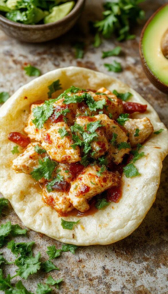 Stack of Chicken Birria Tacos with melted cheese and rich broth on the side