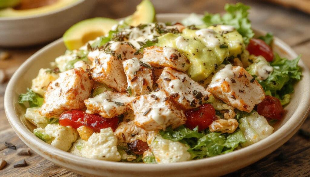 A vibrant Chicken Cobb Salad plated on a white dish, featuring sliced grilled chicken breast, creamy avocado chunks, boiled eggs, crispy bacon, cherry tomatoes, and crumbled blue cheese atop fresh mixed greens. The colorful ingredients are artfully arranged, showcasing a mix of greens, whites, reds, and yellows, with a drizzle of ranch dressing.