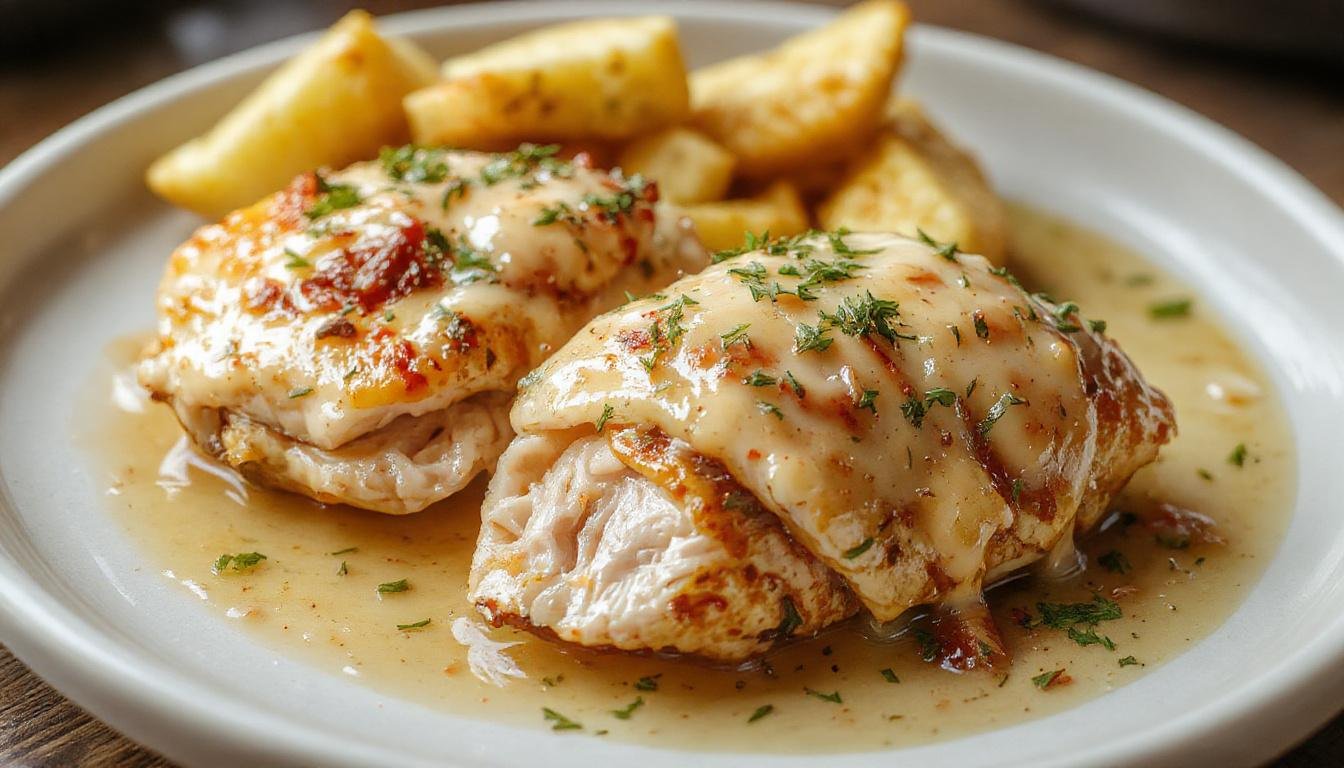 A close-up of a baked Chicken Cordon Bleu on a white plate, showcasing golden-brown breaded exterior with visible cheese and ham filling slightly oozing at the edges, garnished with fresh herbs, and arranged neatly with a side of roasted vegetables.