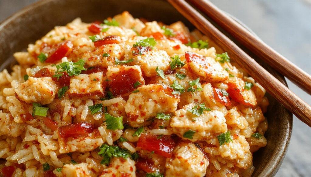 A white ceramic plate features golden-brown chicken fried rice, with vibrant green peas, diced carrots, and scrambled eggs mixed throughout. The rice has a fluffy texture with a slight sheen from soy sauce, garnished with chopped scallions. The presentation is clean and appetizing, emphasizing the colorful ingredients against the neutral plate backdrop.