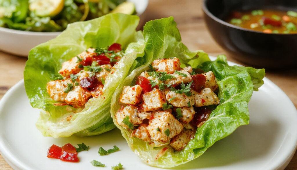 A close-up of Chicken Lettuce Wraps arranged on a white plate. The wraps feature juicy, golden-brown chicken pieces topped with crisp, bright green lettuce leaves, garnished with finely chopped herbs and colorful vegetables. The presentation highlights the texture contrast between the tender chicken and crunch of the lettuce, with a drizzle of sauce adding a glossy finish.