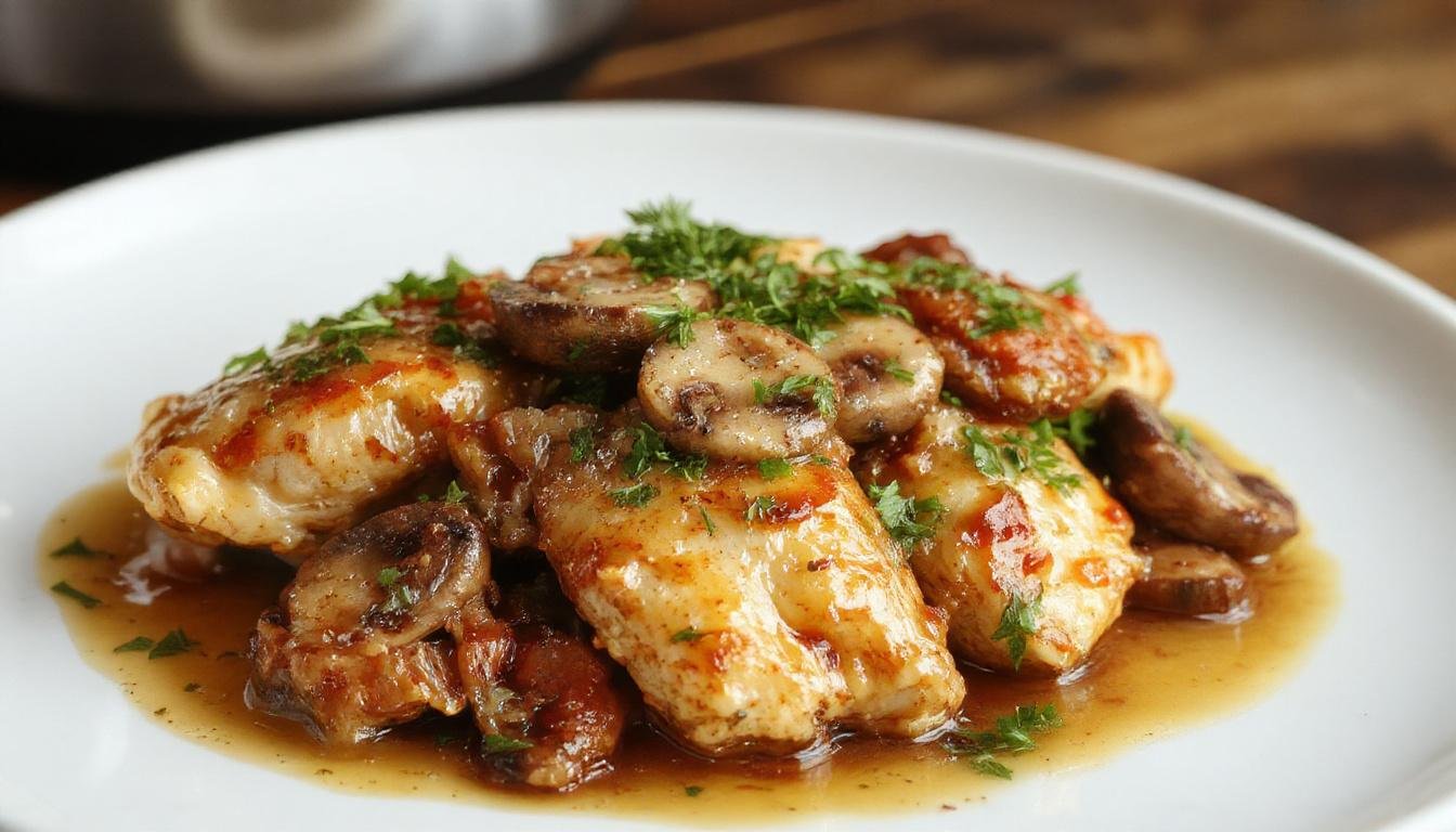 A sizzling skillet showcasing golden-brown chicken breasts coated in rich Marsala sauce, garnished with sautéed mushrooms and fresh herbs, served on a white plate with a glossy finish