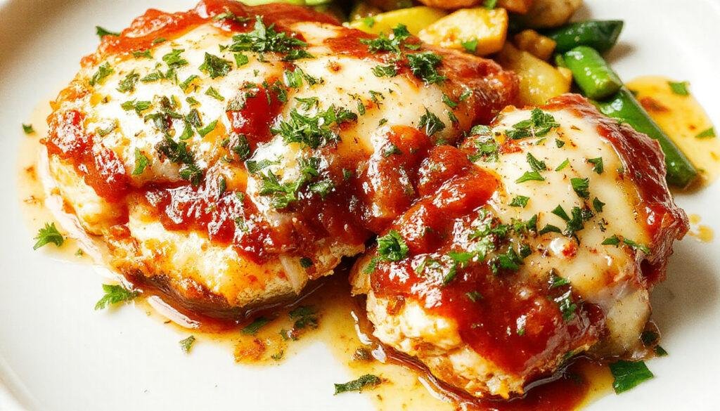 A close-up of a golden-brown baked chicken parmesan topped with melted cheese and fresh basil, served on a white plate with a side of spaghetti and marinara sauce, garnished with parsley.