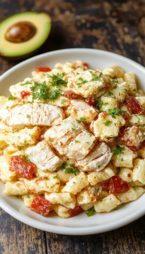 A vibrant bowl of chicken pasta salad with colorful vegetables and fresh herbs, garnished with lemon wedges and basil leaves.