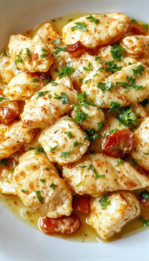 A delicious plate of Chicken Pasta topped with fresh herbs and grated cheese, served with a side of garlic bread.