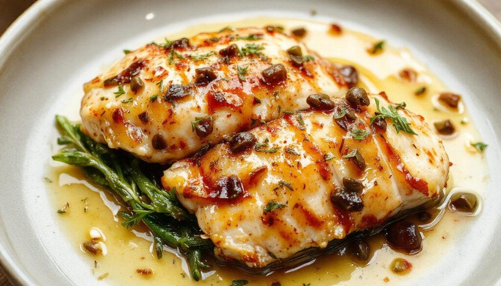 A close-up of golden chicken piccata fillets topped with vibrant lemon slices and a scattering of capers, presented on a white plate with a sprig of parsley and a lemon wedge, showcasing a glossy lemony sauce and crispy edges.