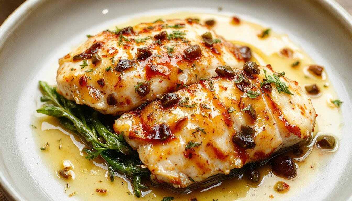 A close-up of golden chicken piccata fillets topped with vibrant lemon slices and a scattering of capers, presented on a white plate with a sprig of parsley and a lemon wedge, showcasing a glossy lemony sauce and crispy edges.