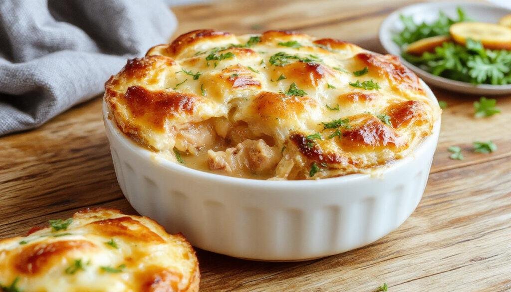 A savory chicken pot pie served on a rustic wooden table, featuring a golden, flaky crust with steam gently rising. The filling visible through an open crust shows chunks of chicken, carrots, peas, and a creamy gravy, garnished with a sprig of fresh herbs.