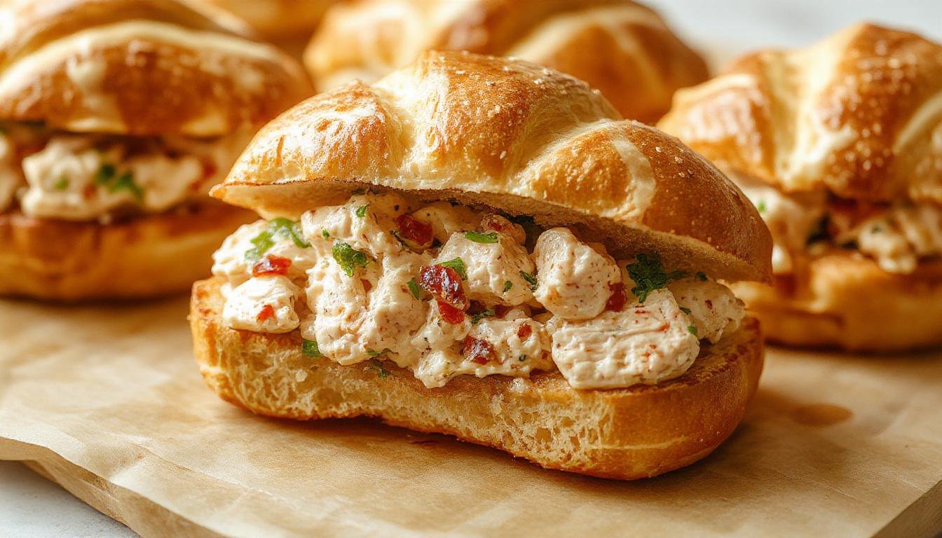 A close-up of a wooden plate with two freshly made chicken salad sandwiches nestled on golden, flaky croissants. The sandwiches are filled generously with creamy chicken salad, garnished with crisp lettuce and small cherry tomato halves. The background features a rustic table setting with a fork and a knife, emphasizing a wholesome deli-style presentation.