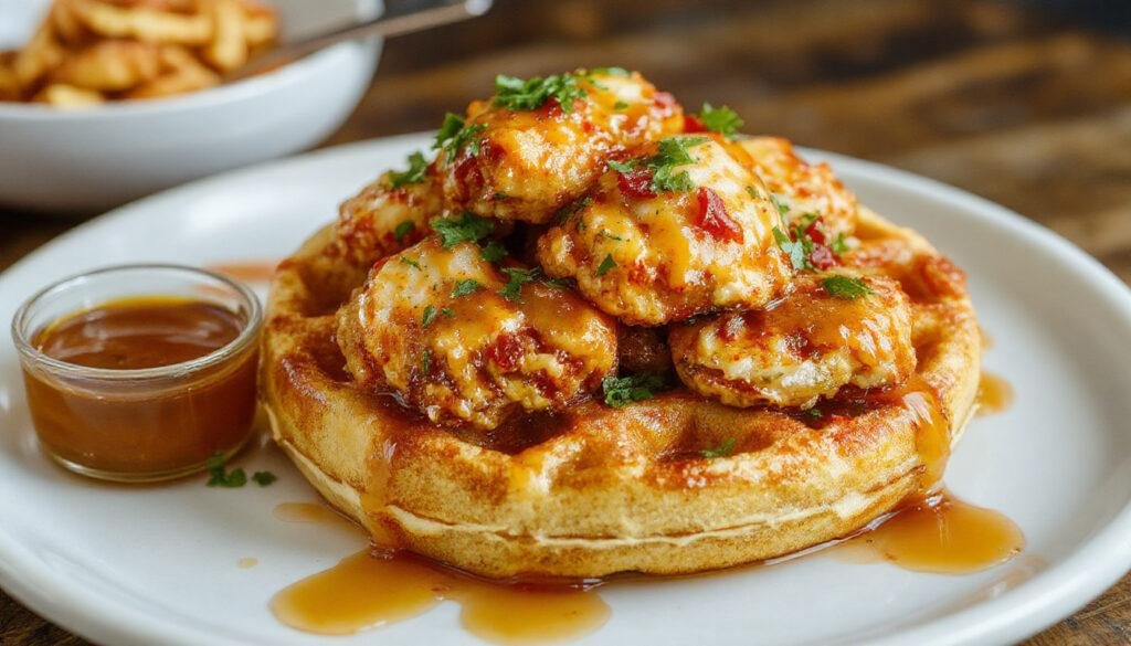 A golden-brown waffle topped with crispy fried chicken pieces, drizzled with amber hot honey, served on a rustic white plate with a fork beside it. The waffle shows a fluffy interior with a crisp exterior, and the chicken has a crunchy coating. The hot honey glistens and slightly pools over the chicken and waffle, creating an inviting and hearty presentation.