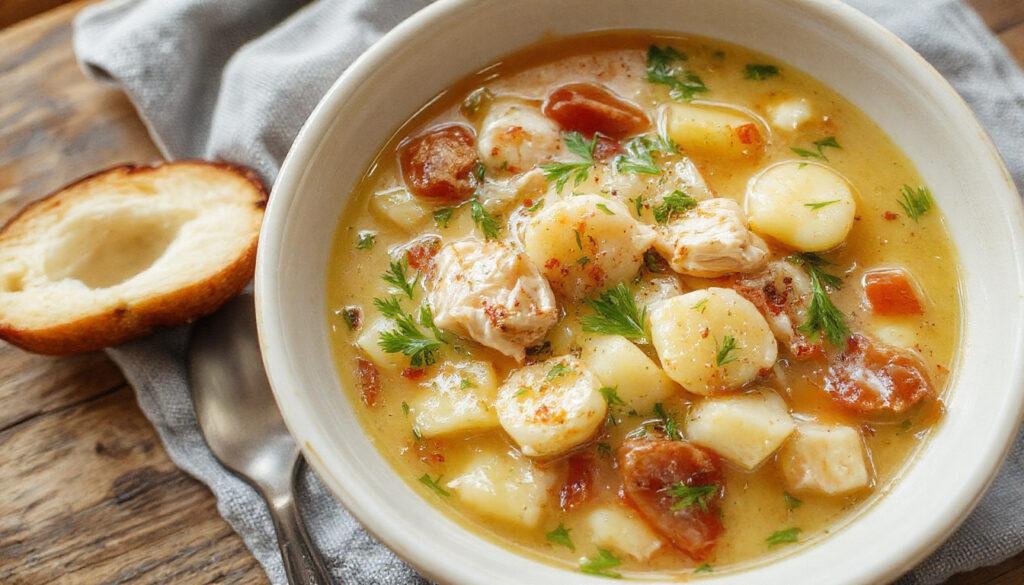 A steaming bowl of Chicken and Gnocchi Soup featuring tender pieces of chicken, soft gnocchi dumplings, and a rich, creamy broth garnished with fresh herbs, served in an elegant white bowl on a wooden table with a rustic background.